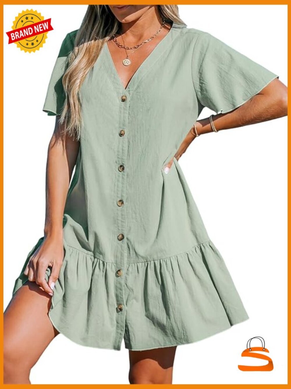 V Neck Button Mini Cover Up Dress Flounce Short Sleeve Beach